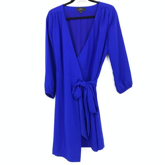 J. Crew Wrap Dress Womens Size 4 3/4 Sleeve Tie Waist Blue - Picture 1 of 6